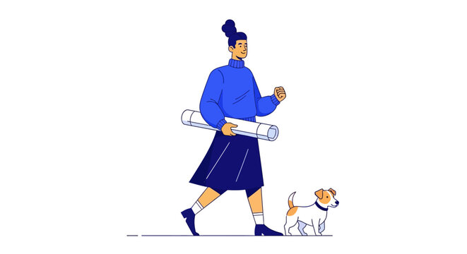 Woman in traditional attire walking a small dog.