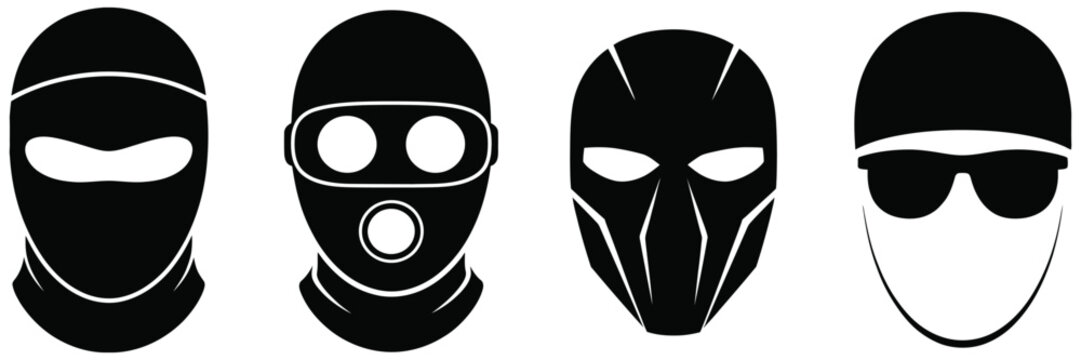 Masked criminal face icon set featuring balaclava disguises, thief silhouettes and security warning symbols in vector illustration style.