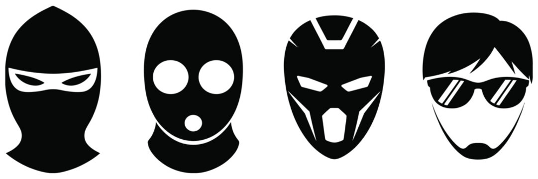 Masked criminal face icon set featuring balaclava disguises, thief silhouettes and security warning symbols in vector illustration style.