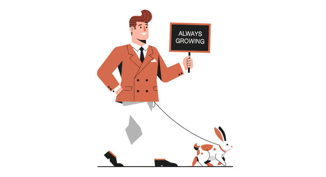 Man walking dog with always happy sign.