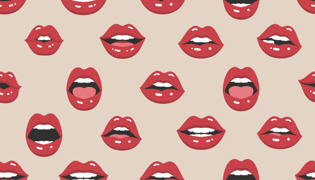 Fun and playful seamless pattern of red lips showing various expressions such as biting, smiling, and singing.