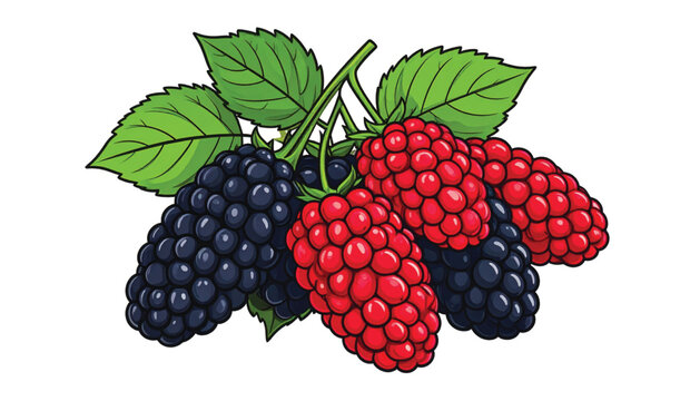 Ripe blackberries and red blackberries cluster.