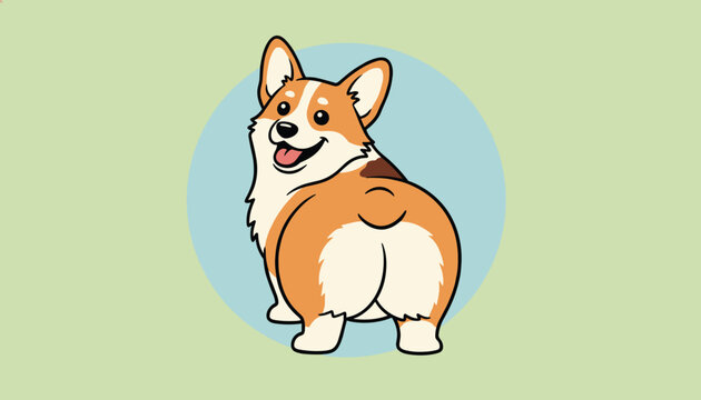 Cute cartoon corgi dog looking back over its shoulder showing off its round fluffy butt on a blue background circle.
