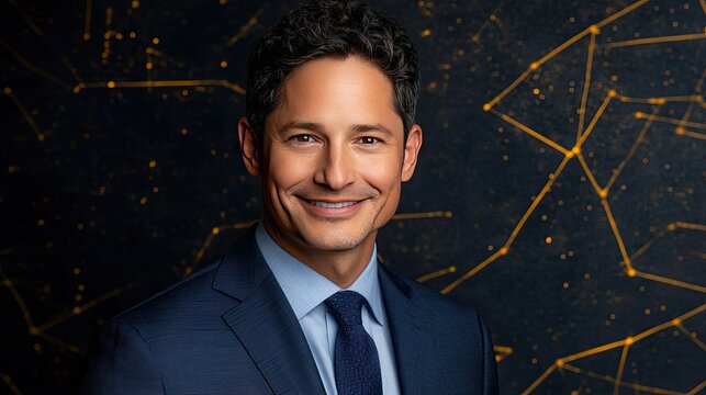 Charismatic Executive Portrait Against a Luminous Golden Network of Connections