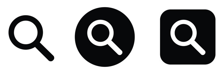 Search icon set, magnifying glass UI symbols in circular and rounded square buttons for find lookup and navigation interface design.