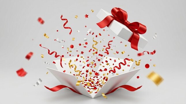 An open white gift box exploding with red and gold confetti, streamers, and stars, featuring a red satin ribbon bow on a light grey background.