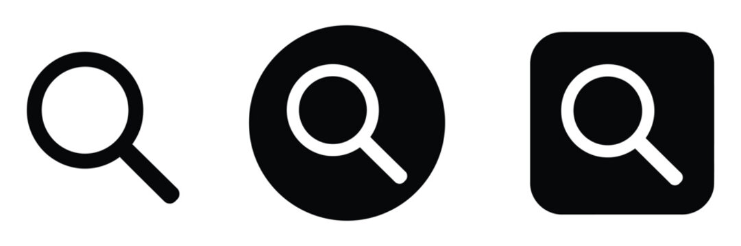 Search icon set, magnifying glass UI symbols in circular and rounded square buttons for find lookup and navigation interface design.