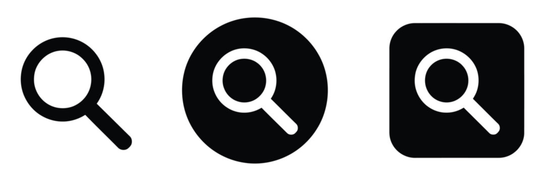 Search icon set, magnifying glass UI symbols in circular and rounded square buttons for find lookup and navigation interface design.