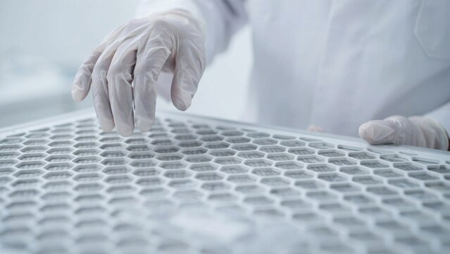 Technician in sterile clothing inspecting high efficiency particulate air filter in cleanroom environment.