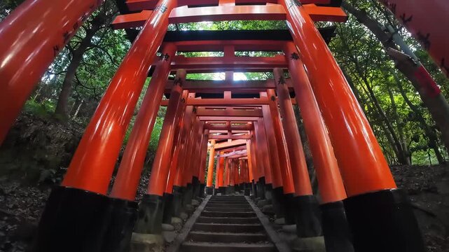 First-person perspective view walking down the famous path of thousands of orange torii gates
