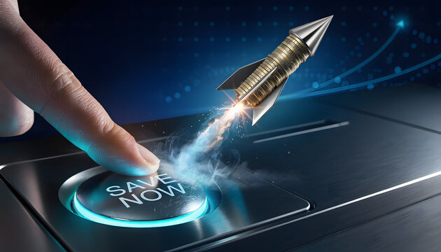 A finger pressing a glowing SAVE NOW button as a rocket made of gold coins launches into the air, representing financial growth, investment boost, and successful savings concept.