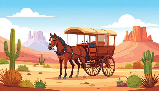 Brown Horse Pulling Old Western Carriage.