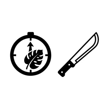 Jungle compass with tropical leaf and machete icon set tropical adventure
