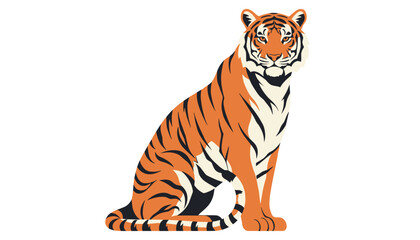 Fototapeta premium Powerful tiger sitting and looking forward with intense eyes in a flat vector style on a white background.