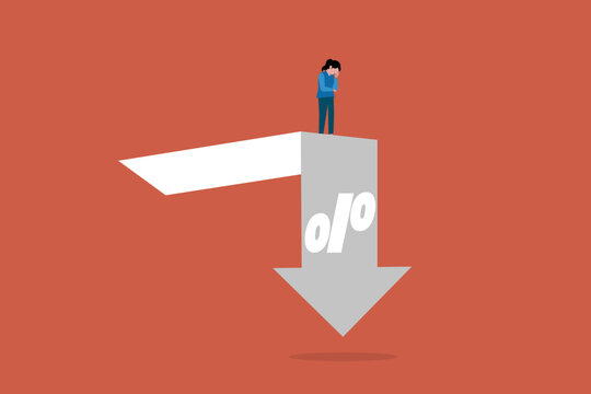 Business woman on percentage sign with falling down. concept of Inflation or interest rate falling down, decrease, profit fall in economic recession