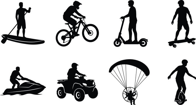 Extreme Sports and Adventure Mobility Silhouette Collection with Outdoor Activity Vehicles