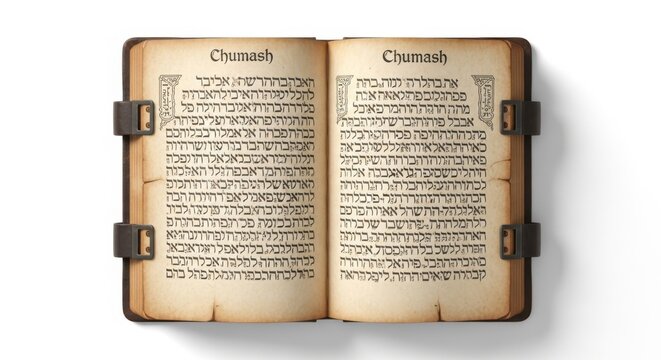Ancient Chumash Book Open with Hebrew Text and Leather Straps