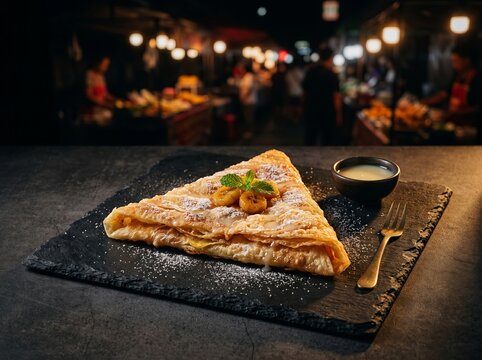 Crispy Thai roti with banana and condensed milk on slate plate at night market background