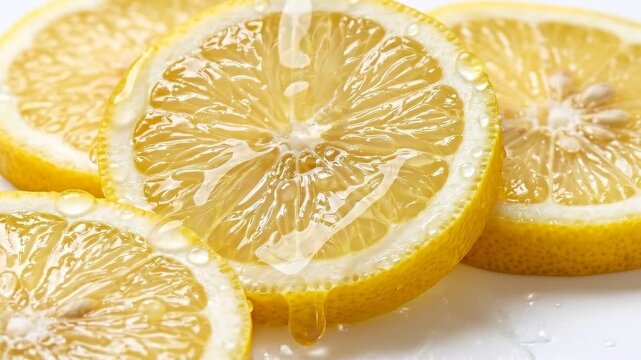 Slow motion close up tracking shot of lemon slices with juice dripping and splashing on white studio surface showing glossy yellow citrus pulp and rind in clean daytime setting