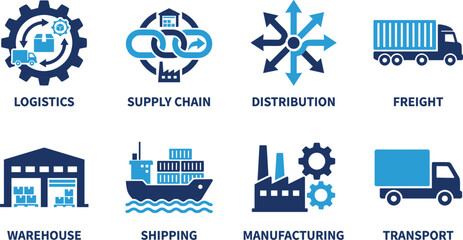 Naklejka premium Logistics and supply chain management icon set featuring industry icons for freight warehouse manufacturing.