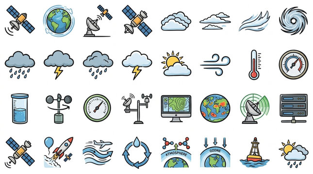 Collection of weather and climate icons and symbols.