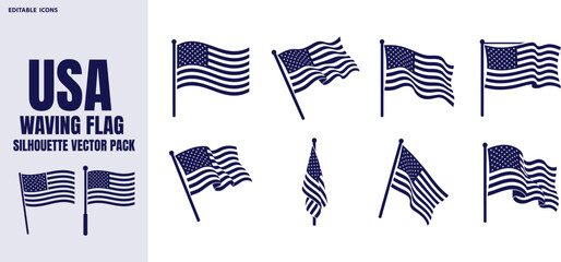 Collection of waving United States flags silhouette vector pack on white background © Sharmin