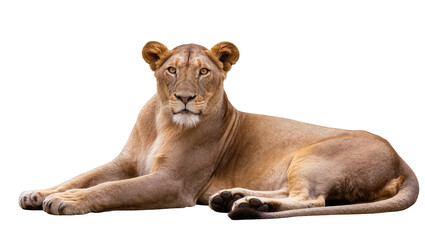 Lioness lying down with alert expression, full body shot © Elowen