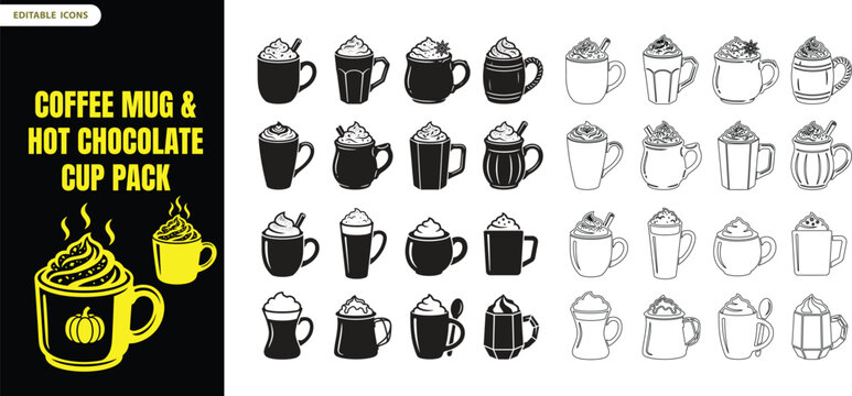 Collection of coffee mug and hot chocolate cup line art icons silhouette