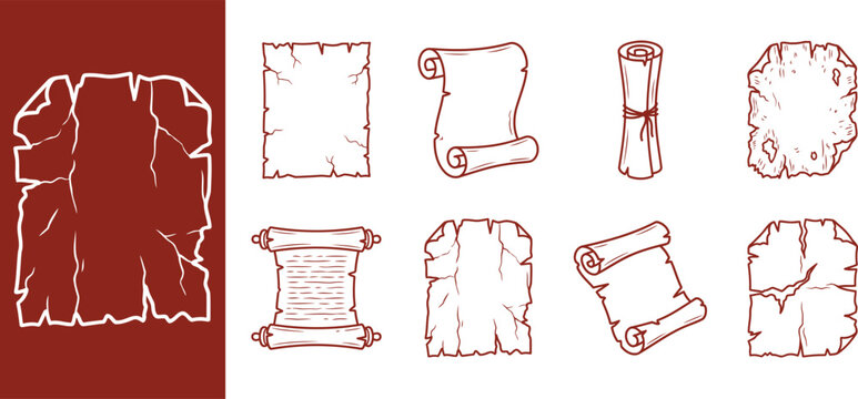 Ancient parchment scrolls and stone tablets vector illustration set silhouette