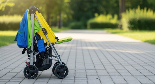 An unoccupied, lightweight folding pushchair resting on a paved park pathway, showcasing its practical portability and durable construction, transport, park, adjustable