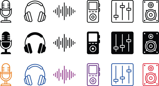 Audio Recording and Podcasting Equipment Icon Set, Studio Microphone and Sound Wave Vector Symbols, Modern Radio Broadcast Mixer Grid Collection