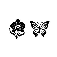 Fototapeta premium Stylized orchid flower and ornate butterfly silhouette design with butterfly