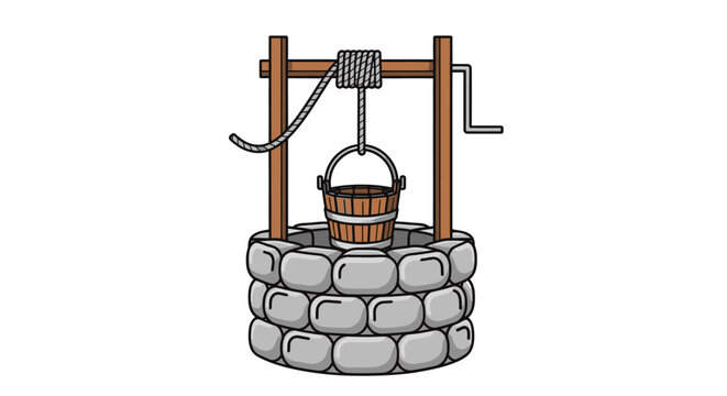 Detailed vector illustration of a traditional wooden well with stone surround featuring a bucket and rope silhouette water rural countryside