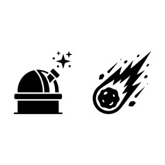 Observatory and falling meteorite silhouette icons with observatory, meteorite © cccc