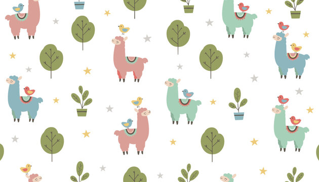 Sweet childish seamless pattern featuring pastel colored lamas, little birds, and green potted plants.