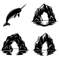 Narwhal and various iceberg arch formations graphic icons with landscape © cccc