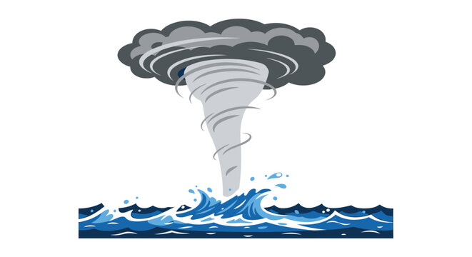 A swirling tornado over ocean waves depicted as a flat vector illustration with a dark silhouette vortex whirlwind cyclone tempest