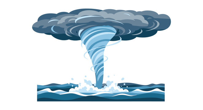 Detailed vector illustration of a swirling waterspout over ocean waves presented as a dark silhouette tornado vortex whirlpool maelstrom cyclone