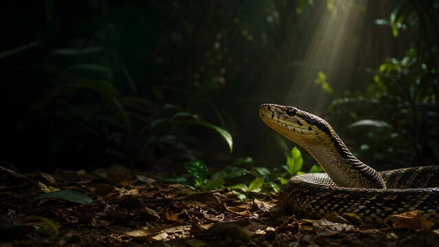 Coiled snake raising its head on a sunlit dark forest floor