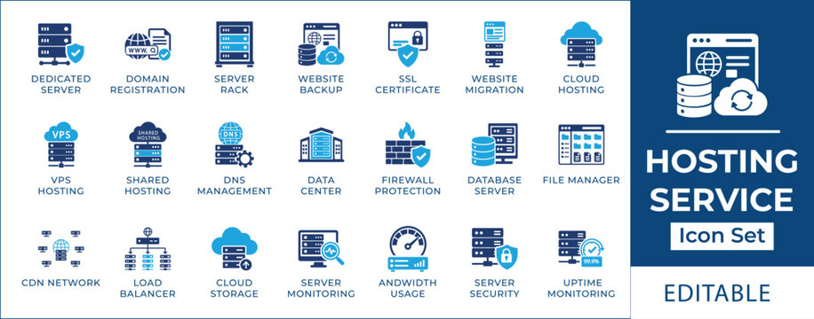 Hosting service icon set featuring vps cloud computing, shared hosting server mainframes, dns configuration network, datacenter infrastructure, and database firewall protection