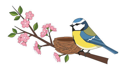 Blue tit bird perched near a woven nest with pink blossoms flat vector silhouette blue tit avian fauna wildlife plumage feathered © AfiaIslam