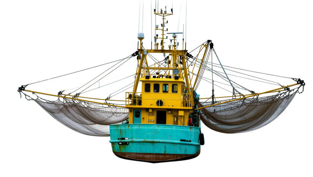 Yellow and turquoise fishing trawler with nets deployed