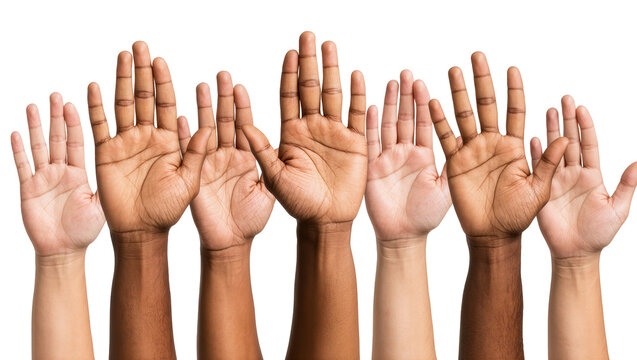 Multiple diverse hands raised up, showing different skin tones