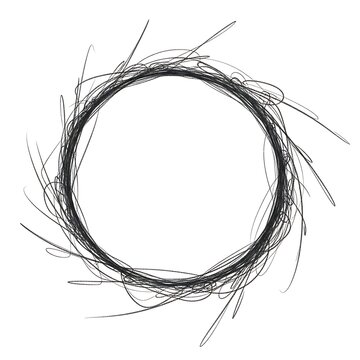 A circular frame made of scribbled black lines on a white background