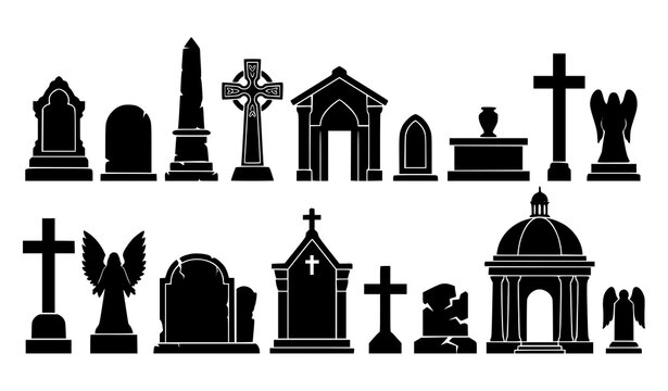 Modern black graveyard silhouette collection with tombstones crosses memorials and vintage cemetery monuments vector isolated on white