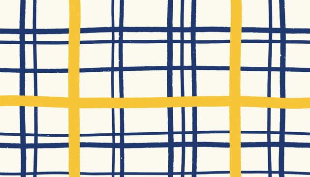 Classic plaid pattern featuring blue grid lines and thick yellow stripes on warm white background.