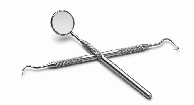 Shiny silver dental mirror and sharp metal explorer tools lying crossed on a clean white surface capturing professional medical equipment used for examination during a routine checkup in the clinic
