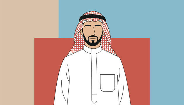 Portrait of a young Arab man wearing traditional white thobe and shemagh on geometric color background.