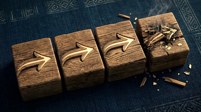 Four rustic wooden blocks with glowing golden arrows carved into them, the last block is burning and splintering on a dark textured fabric surface