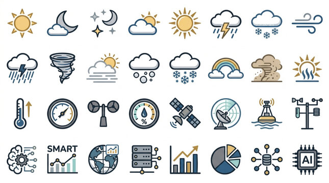 Collection of weather icons and technology symbols.